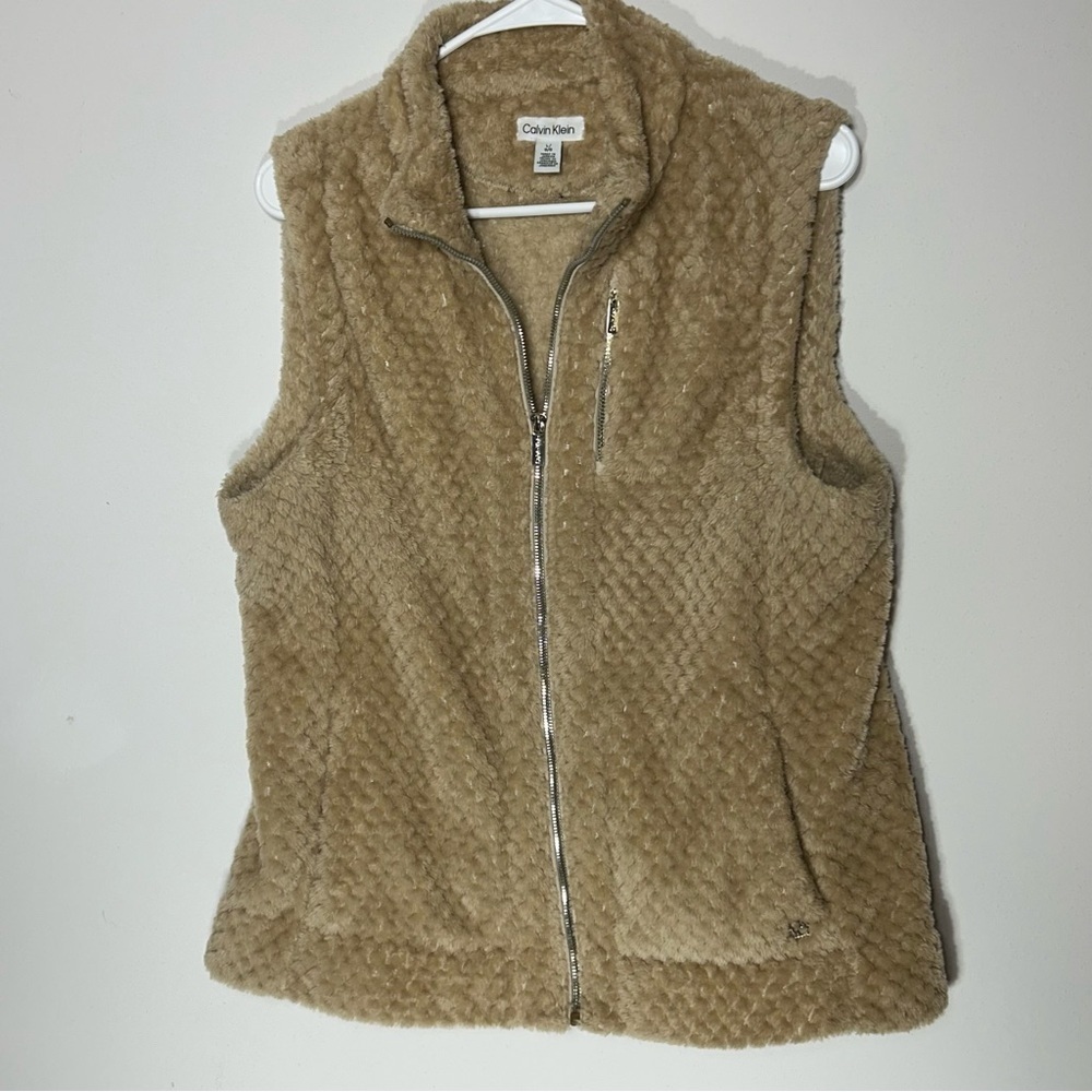 Calvin Klein Women's Tan Zipper Fleece Collared Vest Size L